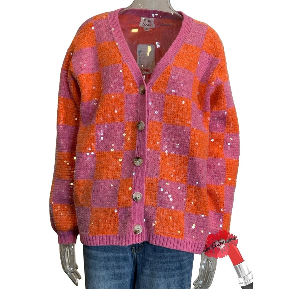 BiBi Cardigan Sweater Womens Medium Pink Orange Checkered Sequin Boho